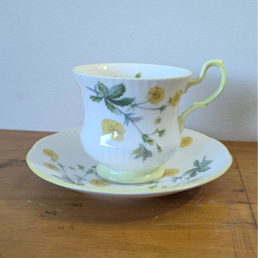 Queens Bone China Yellow Floral Teacup Saucer Rosina England Vintage Set